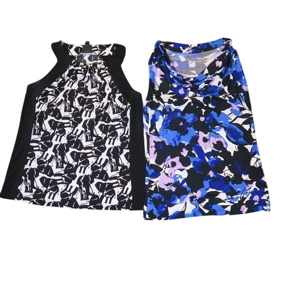 Elephant Floral Abstract Tank Top Sz M Cowl Draped Neck Black Purple Worthington - Picture 2 of 15